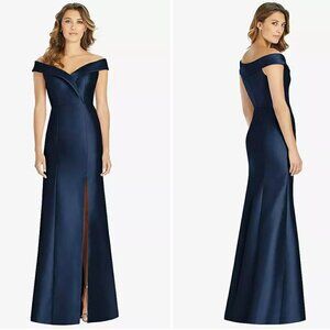 Size 14 - ALFRED SUNG - Off-the-Shoulder Cuff Trumpet Gown Navy NEW $250